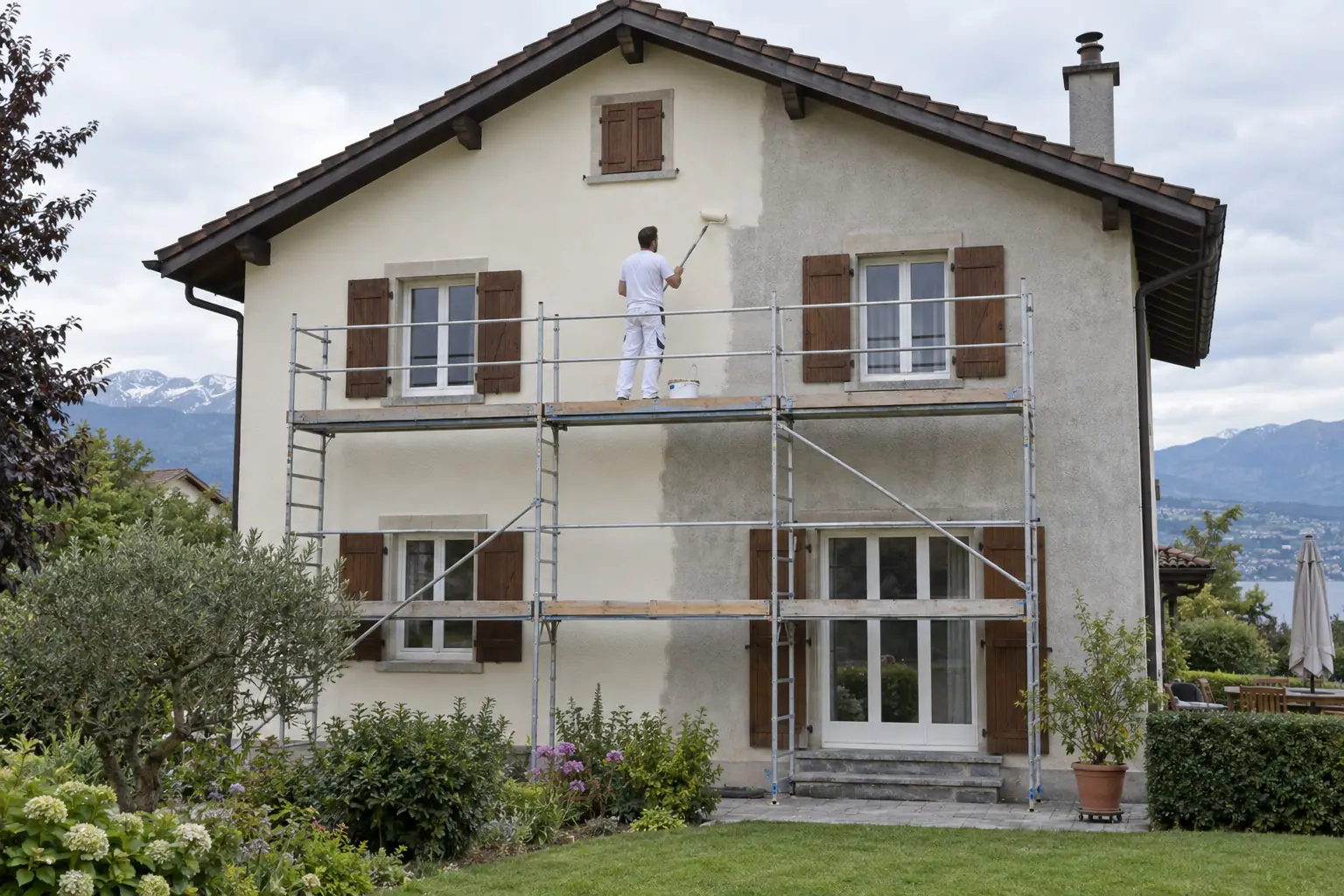 Peintre sur un échafaudage en train de reprendre le crépi d'une façade